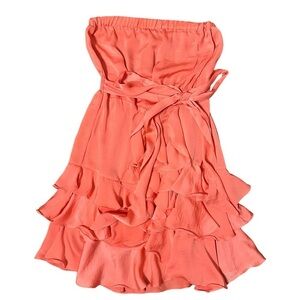 Rebecca Taylor Cha Cha Ruffle Tiered Strapless Sash Tie Coral Satin Dress 4